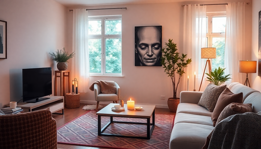 A cozy living room with printlyze candle glowing