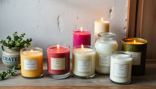 Hand-poured candles beside mass-produced candles on rustic table