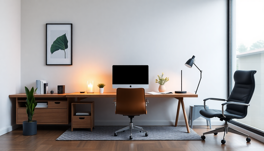 A minimalist home office with a lit focus candle