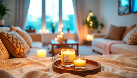 A cozy living room with housewarming candle gift set