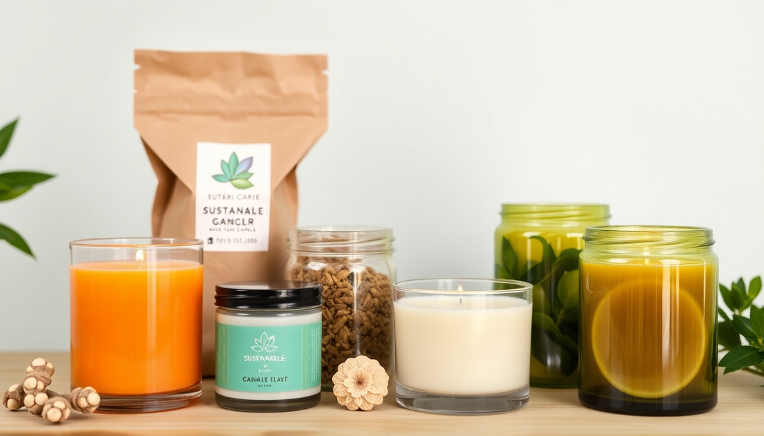 Sustainable candle packaging displayed with reusable glass containers