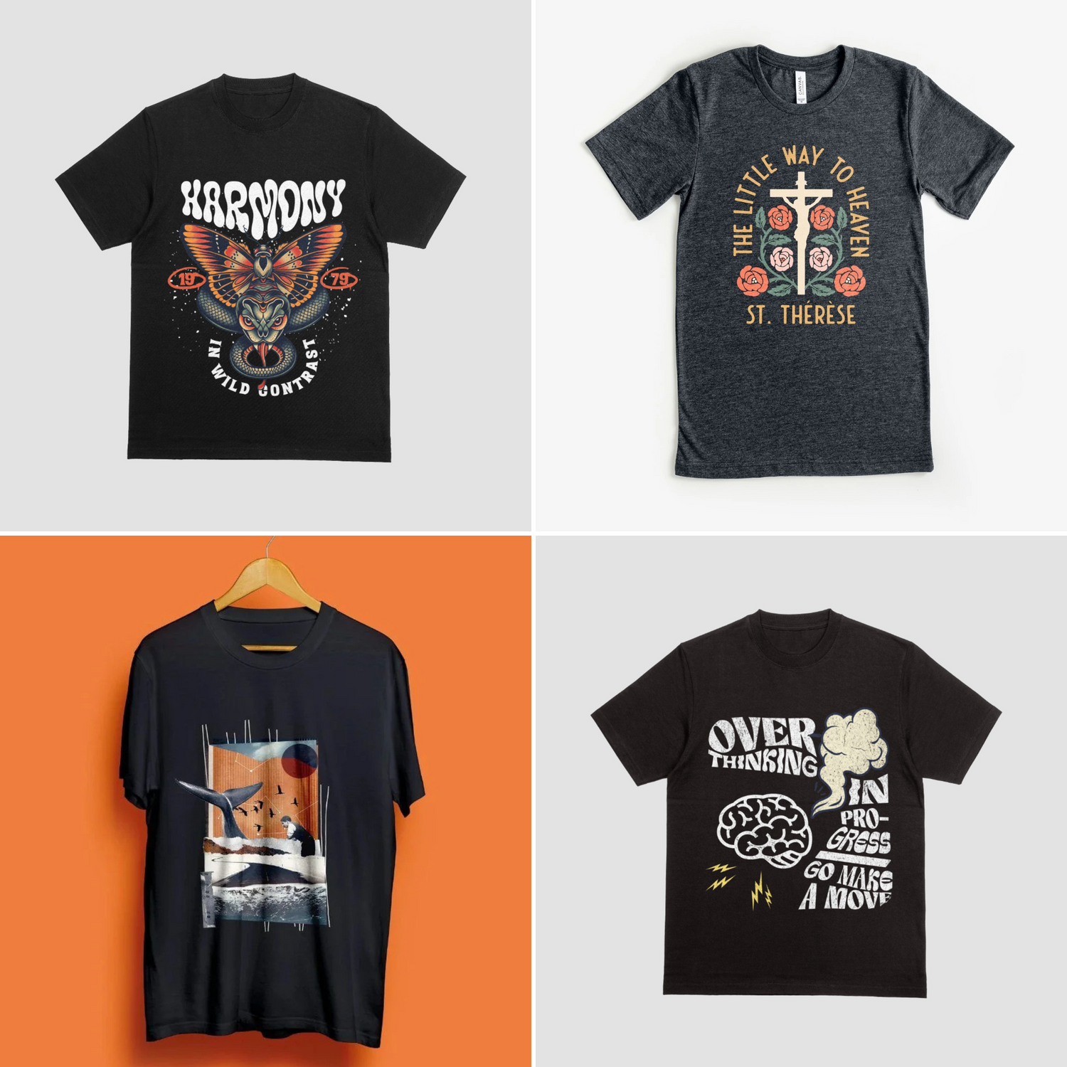 Four graphic tees arranged in a grid showcasing unique small-batch printed tees with varied vintage designs